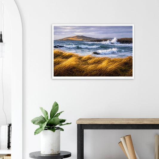 Framed artwork of a coastal scene with waves and grasses, placed on a wall above a desk with a plant.