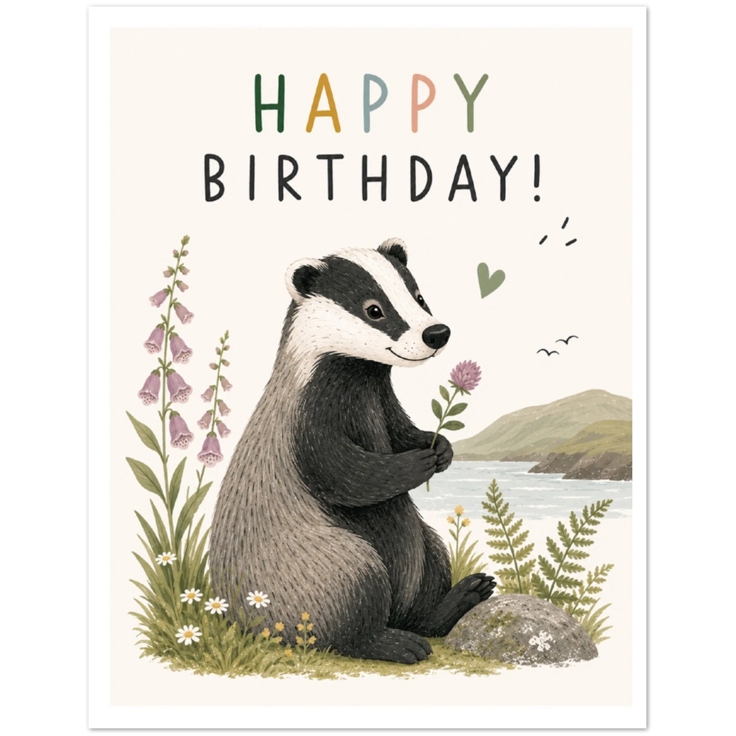 Birthday card with a badger illustration and 'Happy Birthday!' text.