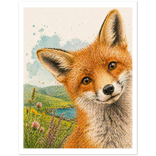 Illustration of a fox with a scenic background