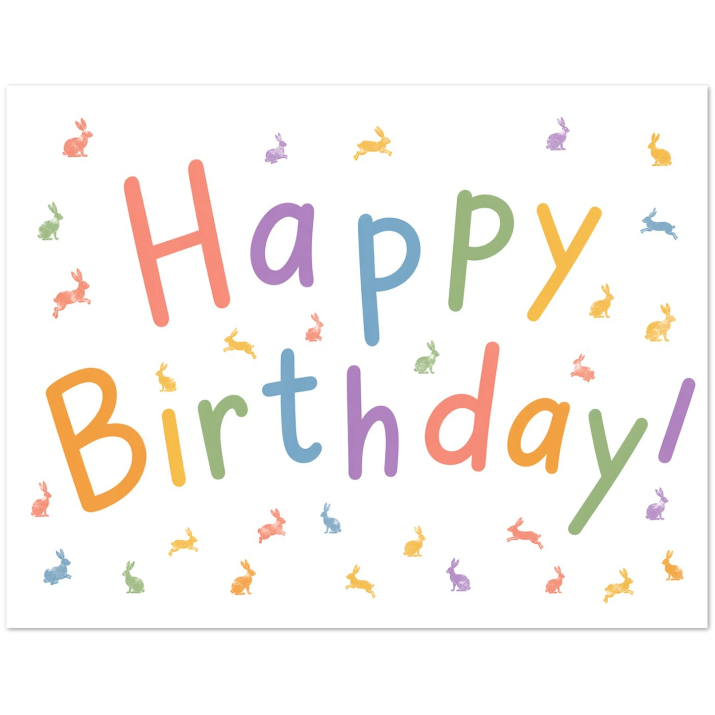 Colorful 'Happy Birthday!' text with small bunny illustrations on a white background