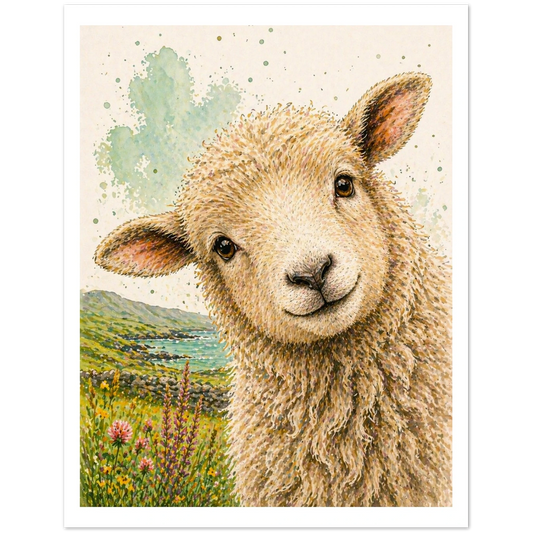 Illustration of a lamb with a scenic background