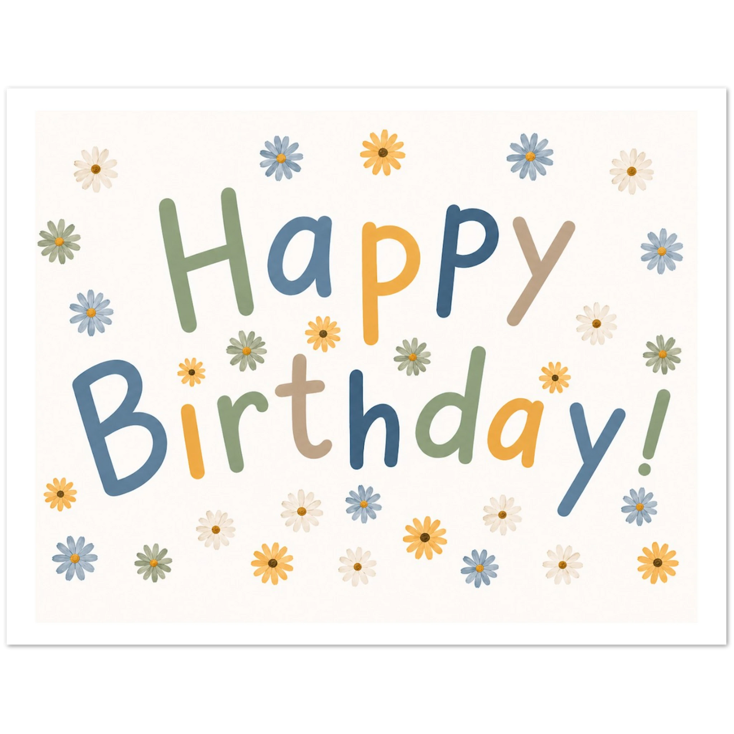 Colorful 'Happy Birthday!' text with flowers on a white background