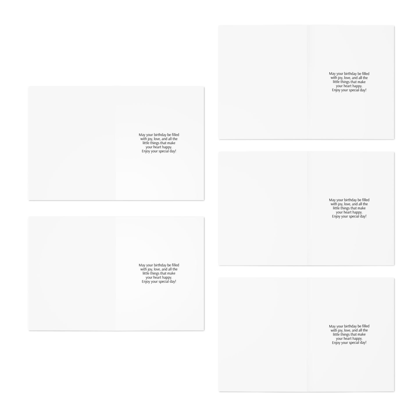 Set of four white cards with black text on a white background