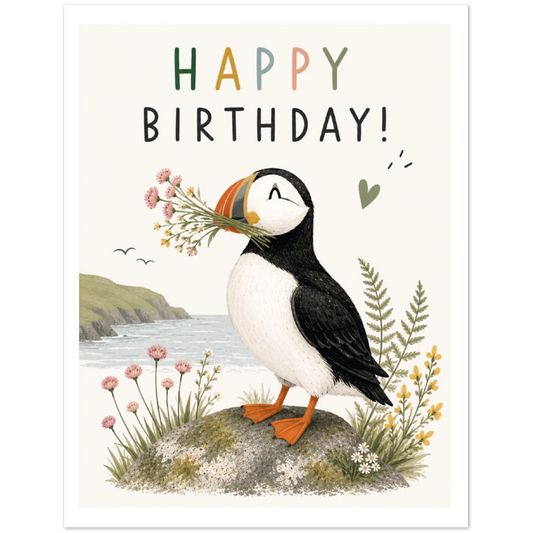 Birthday card with a puffin holding flowers on a coastal background