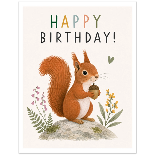 Birthday card with a squirrel holding an acorn and the text 'Happy Birthday!' on a white background.