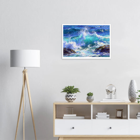 Framed artwork of a seascape on a wall above a wooden console table with decorative items.