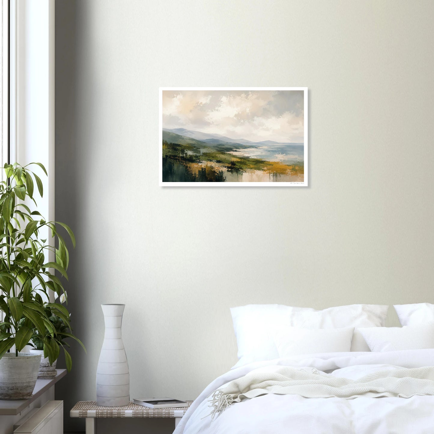 Framed landscape painting on a wall above a bed in a bedroom.