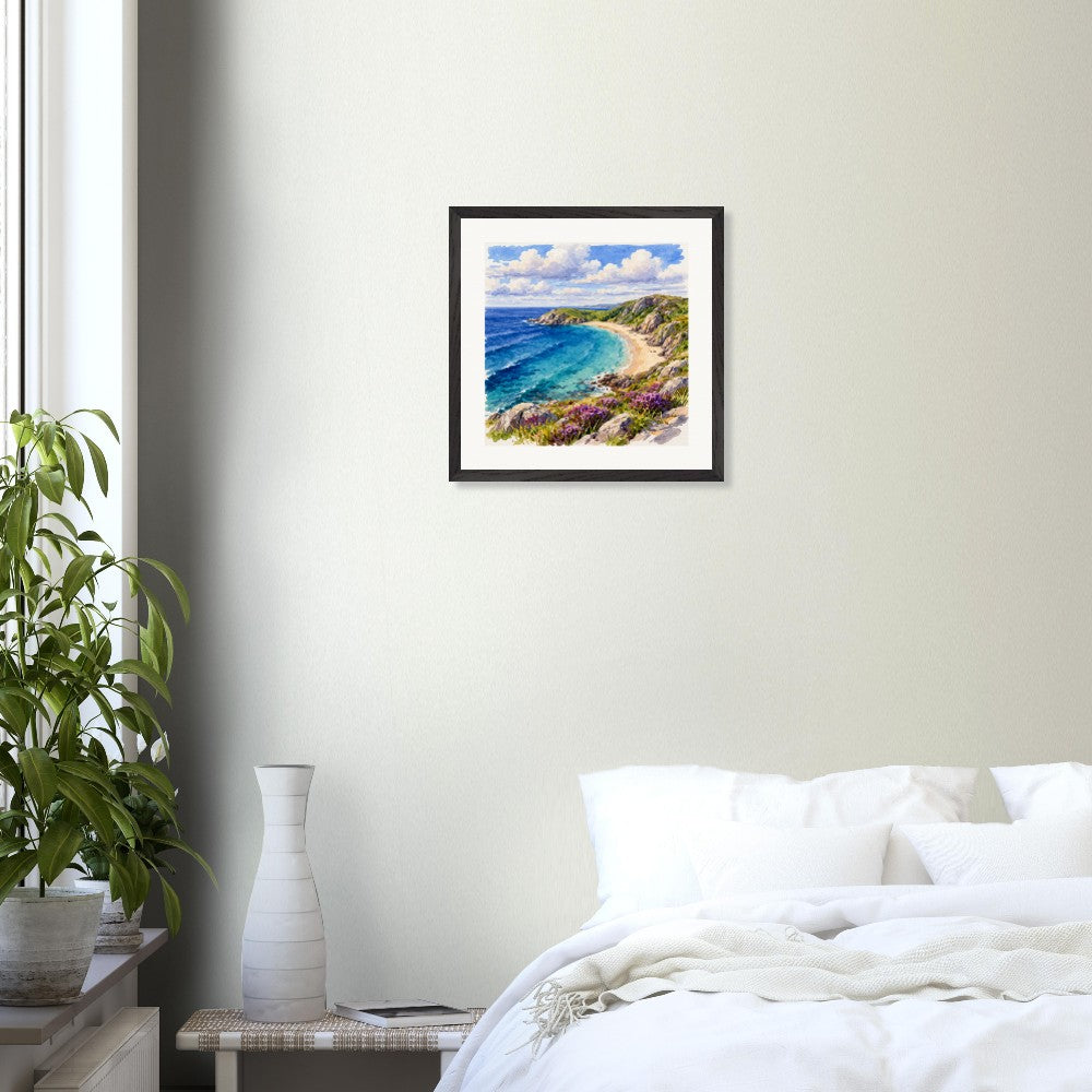 A frame of a bay in Donegal with blue skies and beautiful seas. A frame with a white border