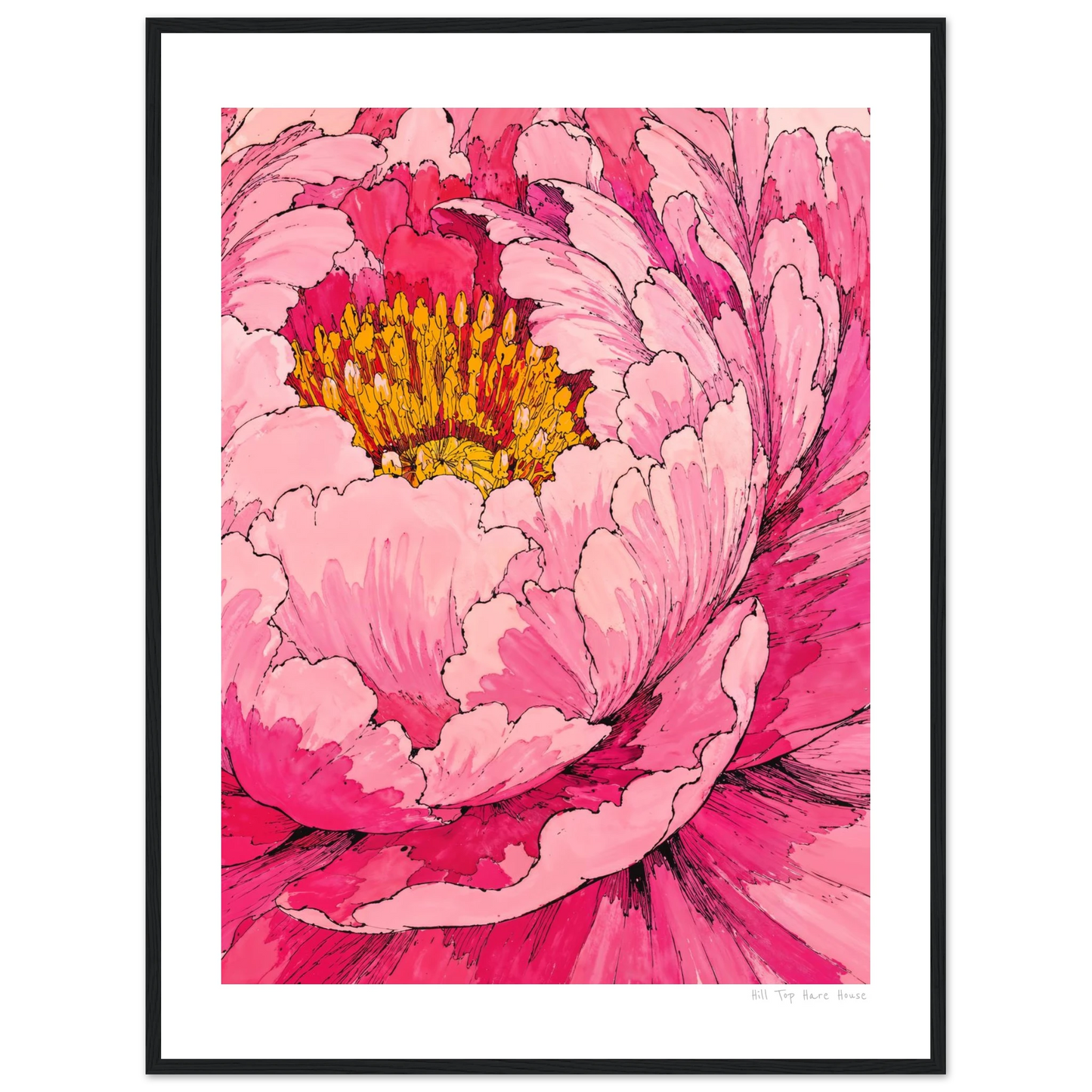 Framed artwork of a pink flower with a yellow center on a white background