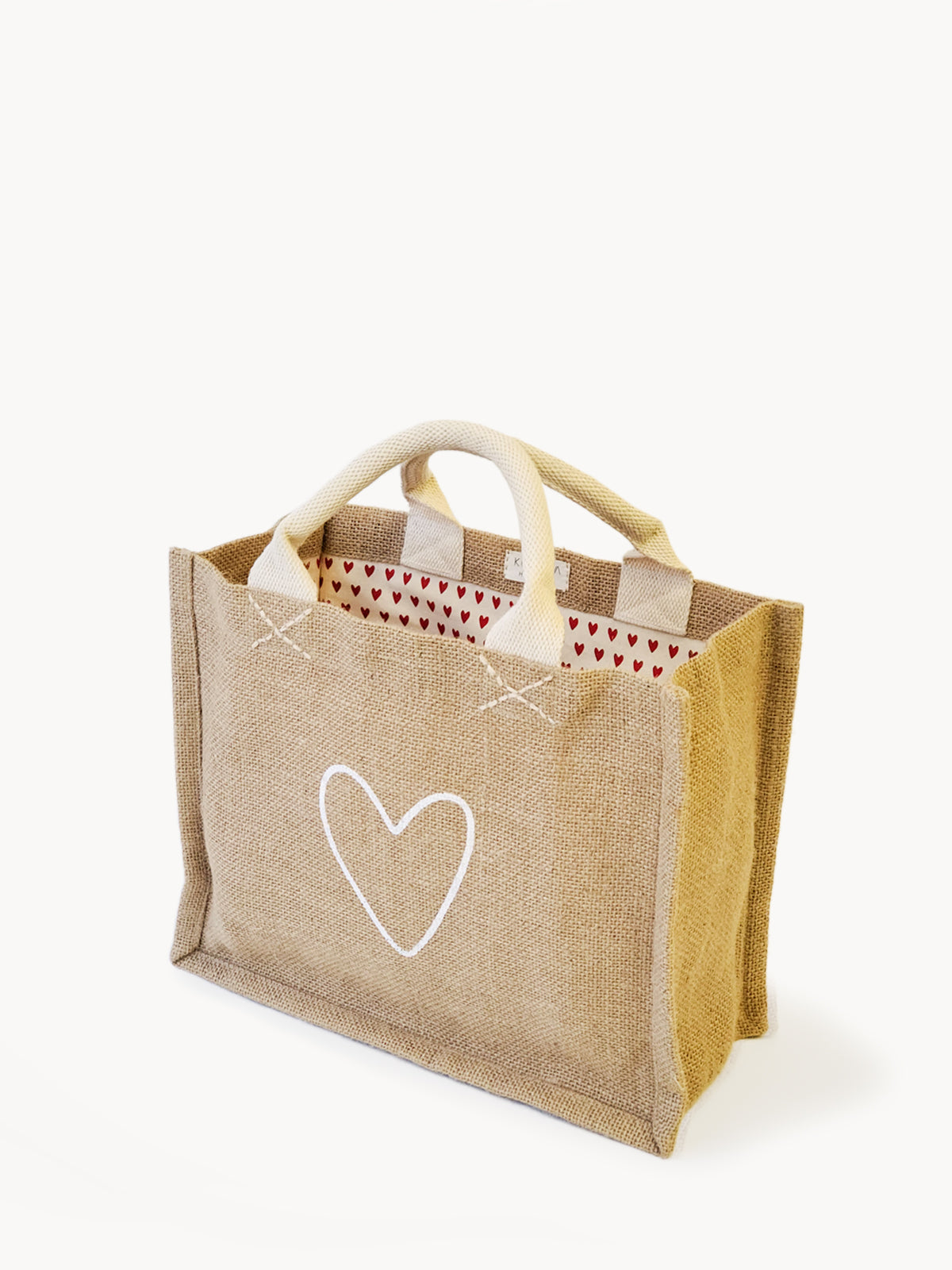 DC-KORISSA jute canvas gift bag with love print, small size, eco-friendly design, perfect for gift packaging.