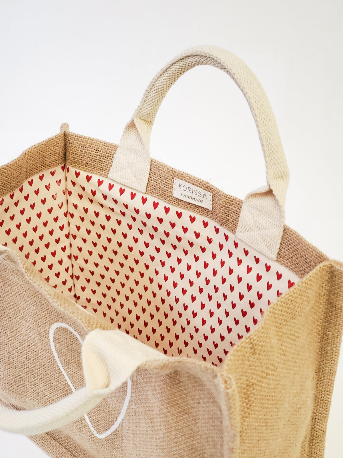 DC-KORISSA jute canvas gift bag with love print, small size, eco-friendly design, featuring cotton lining and decorative handles.