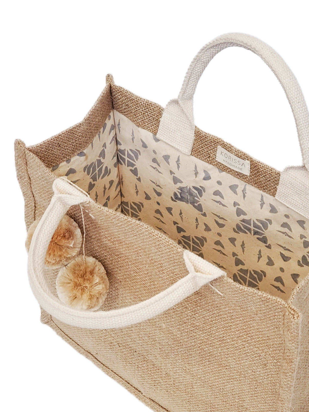 Small DC-KORISSA jute canvas gift bag with white pompom accents and cotton lining, ideal for gift packaging.