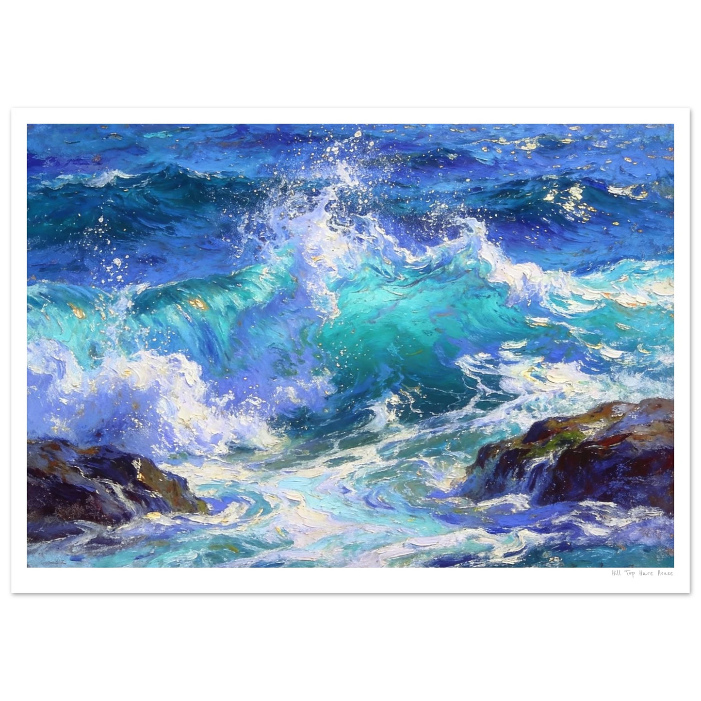 Art print of crashing waves on rocks with a blue and white color scheme.