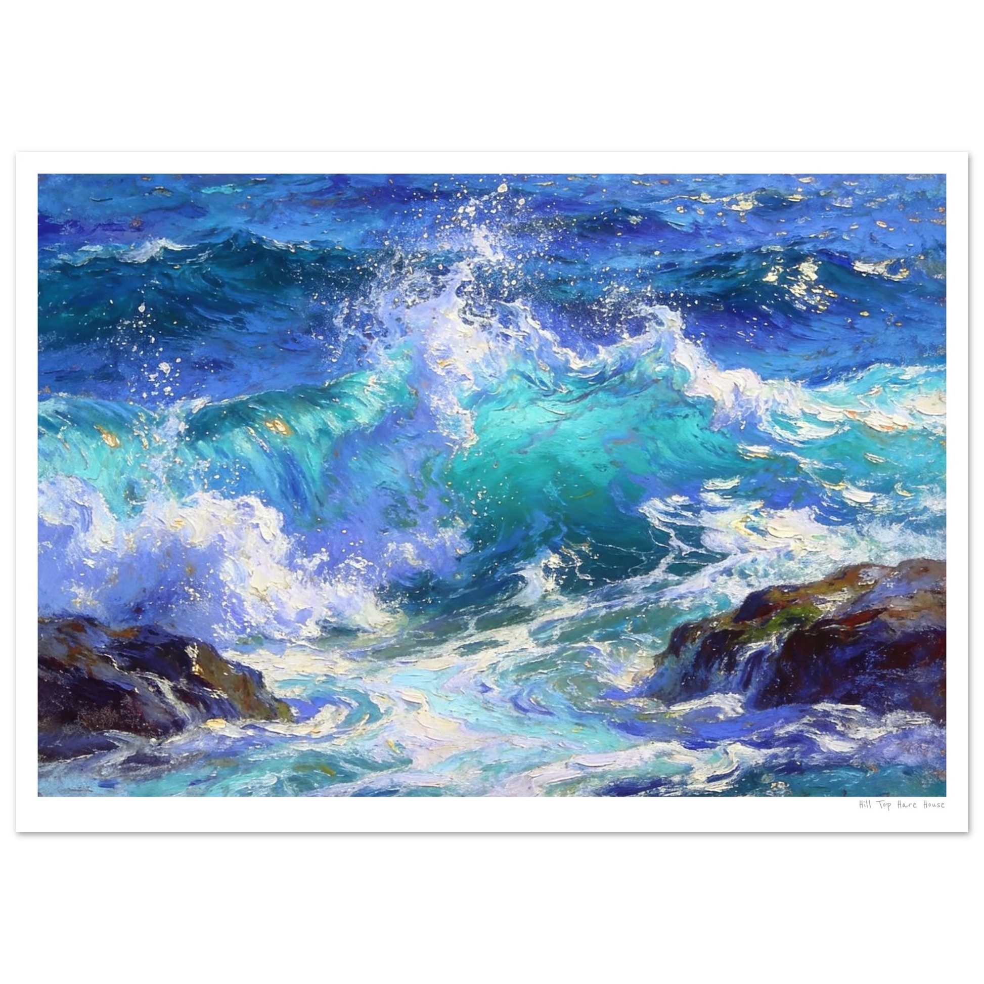 Art print of crashing waves on rocks with a blue and white color scheme.