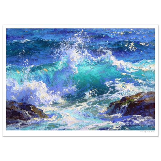 Art print of crashing waves on rocks with a blue and white color scheme.