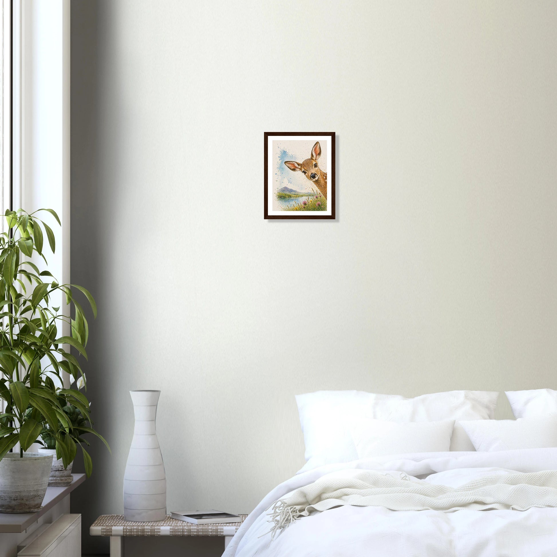 Modern bedroom with Hill Top Hare House Peek-a-boo Deer premium matte paper wooden framed poster on the wall.