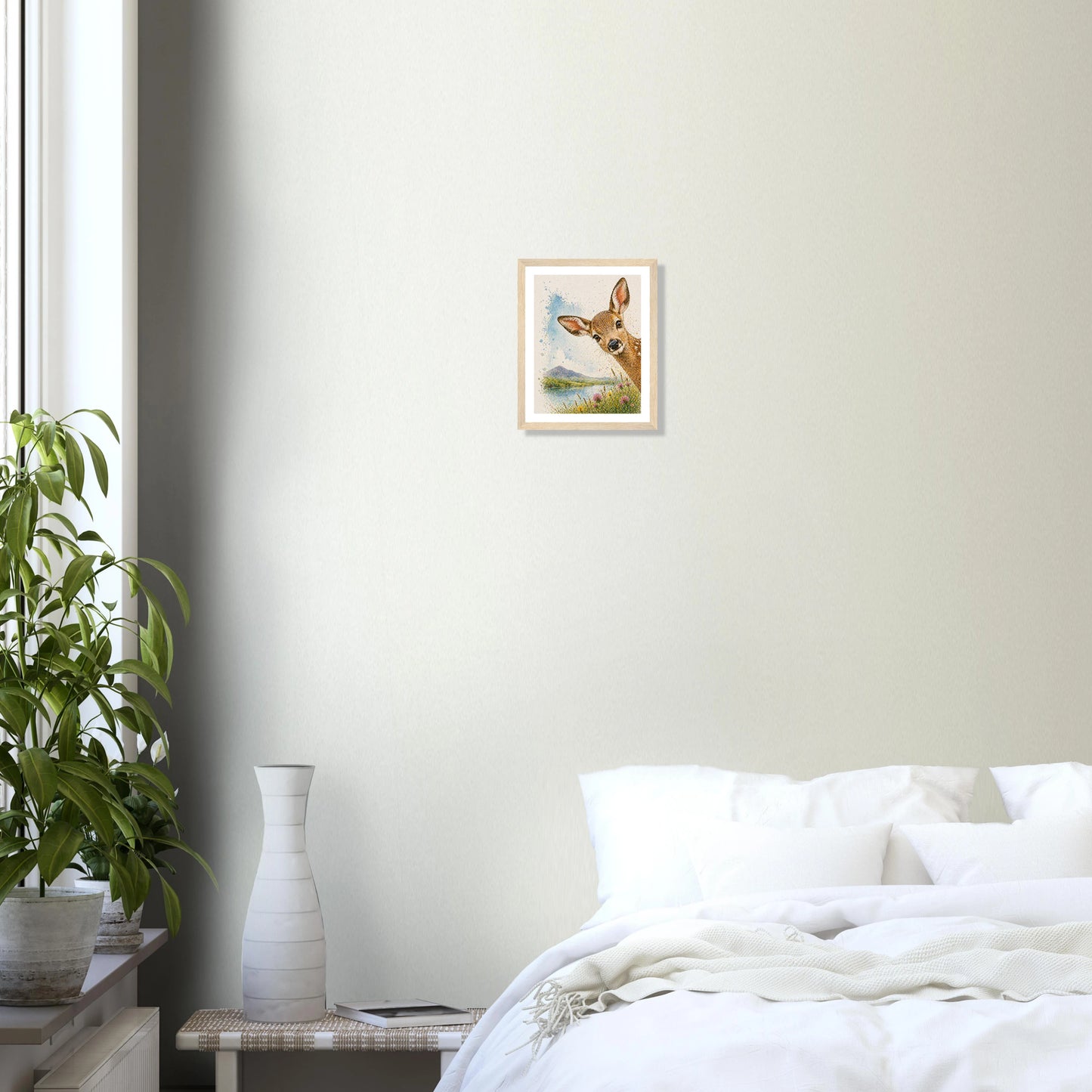 Modern bedroom with white walls featuring a Hill Top Hare House Peek-a-boo Deer premium matte paper wooden framed poster print.