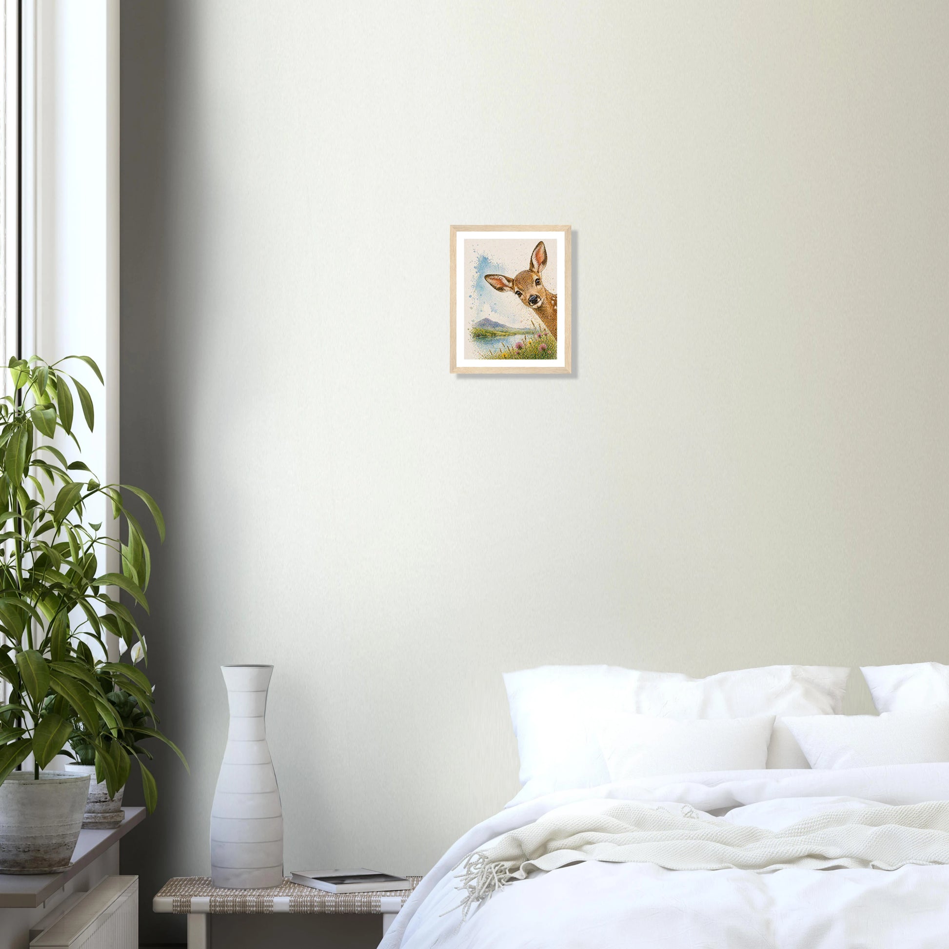 Modern bedroom with white walls featuring a Hill Top Hare House Peek-a-boo Deer premium matte paper wooden framed poster print.