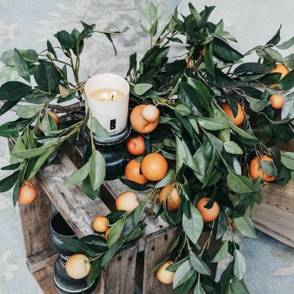 Orange citrus soy candle from DC-TLC Candle Co. with a vibrant orange-colored jar and a flickering wick.