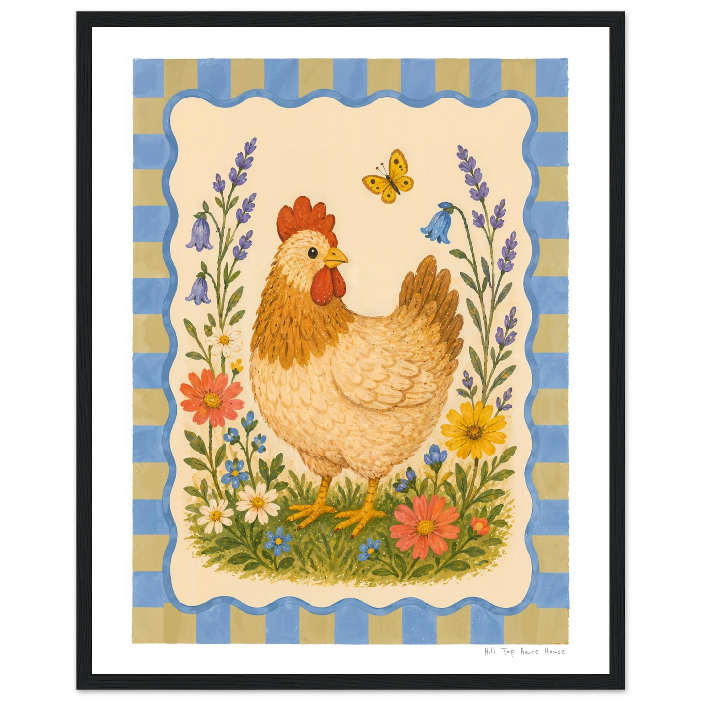 Framed artwork of a rooster among flowers and a butterfly on a striped background