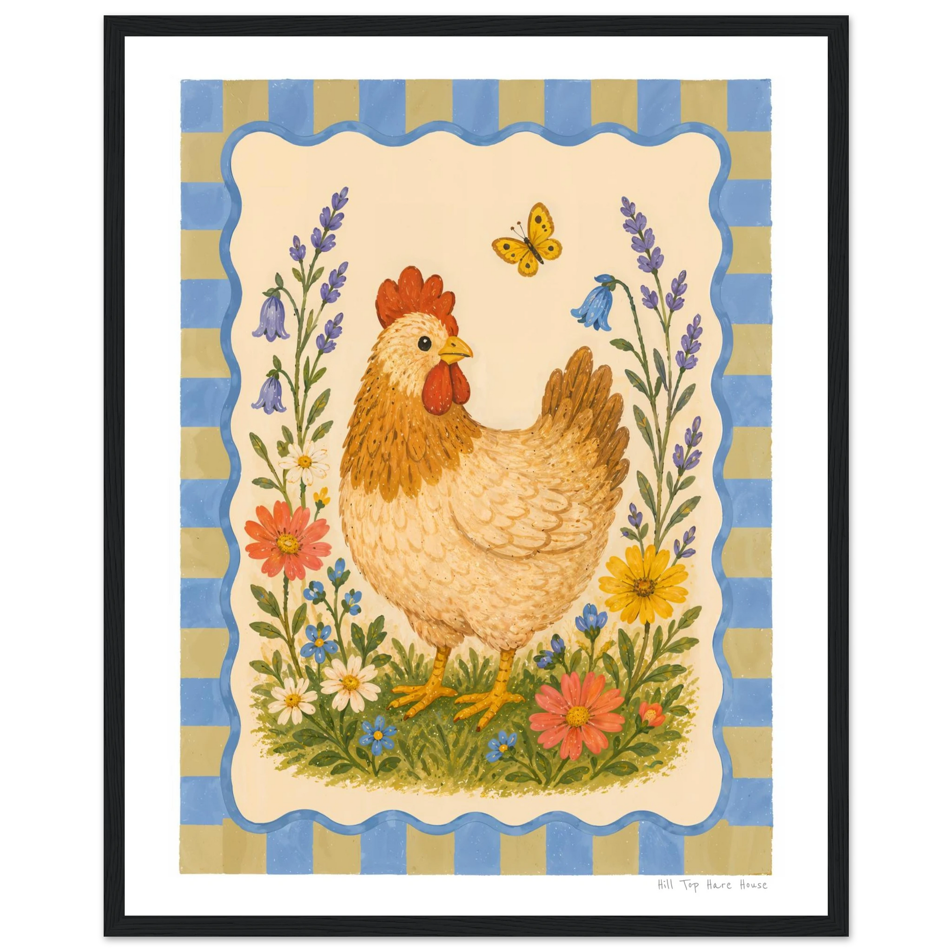 Framed artwork of a rooster among flowers and a butterfly on a striped background