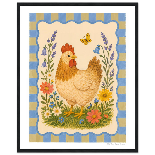Framed artwork of a rooster among flowers and a butterfly on a striped background