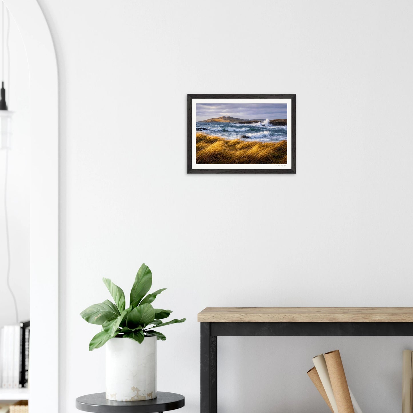 Framed artwork of a coastal scene on a white wall above a plant and desk.