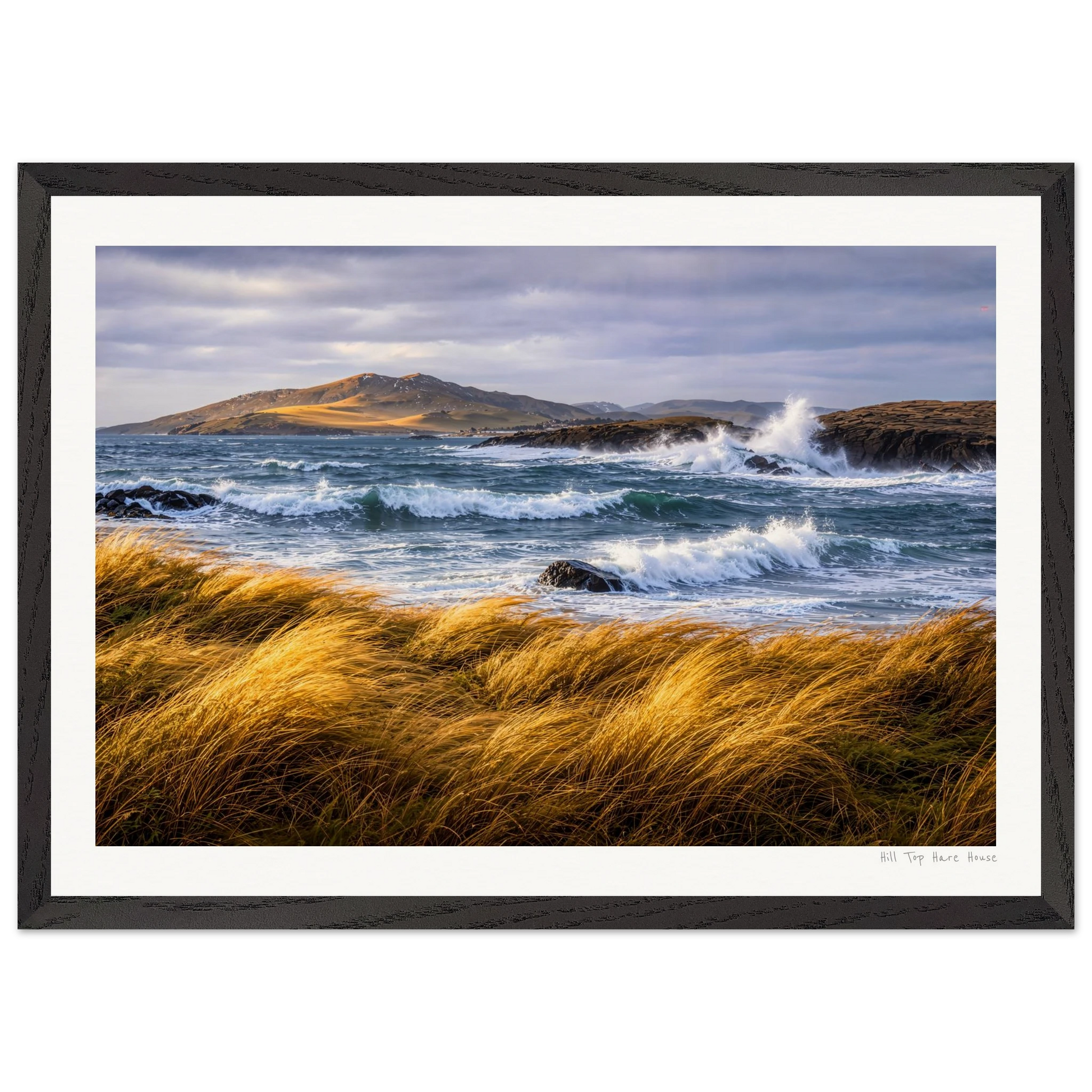 Framed artwork of a coastal scene with waves crashing against rocks and grass in the foreground.