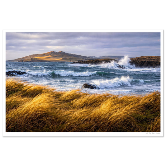 Scenic view of a coastal landscape with waves crashing against rocks and grass in the foreground.