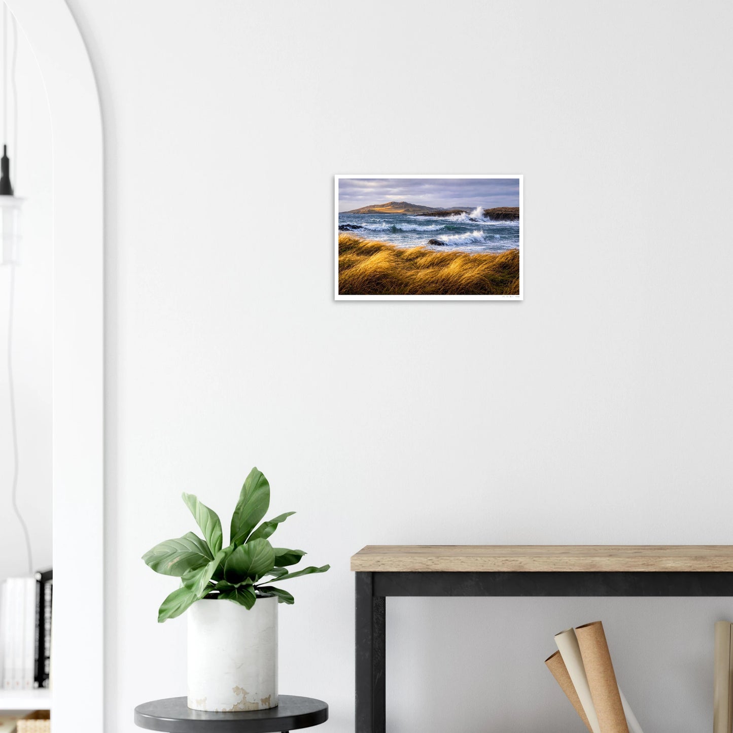 Framed artwork of a coastal scene on a white wall above a plant and desk.