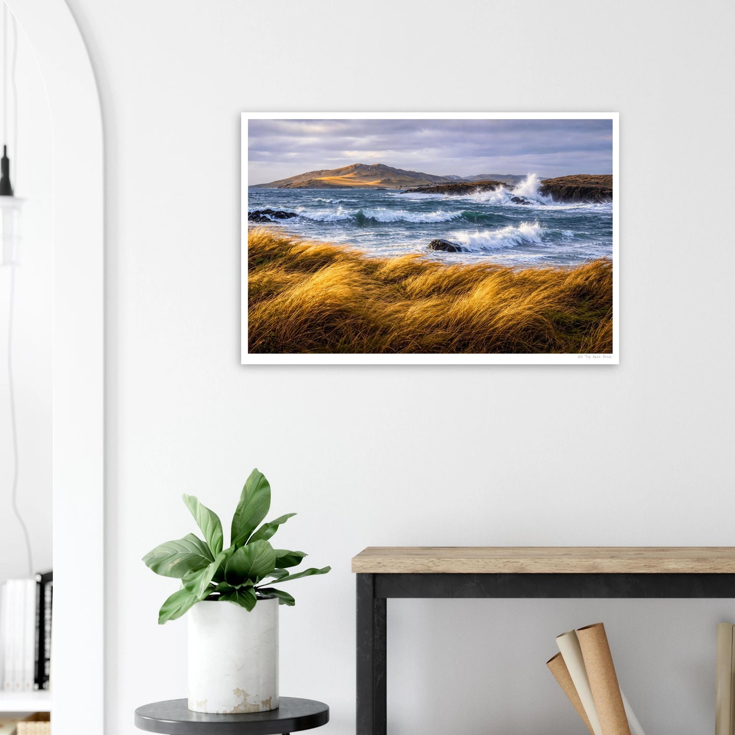Framed artwork of a coastal scene with waves and grasses, placed on a wall above a desk with a plant.