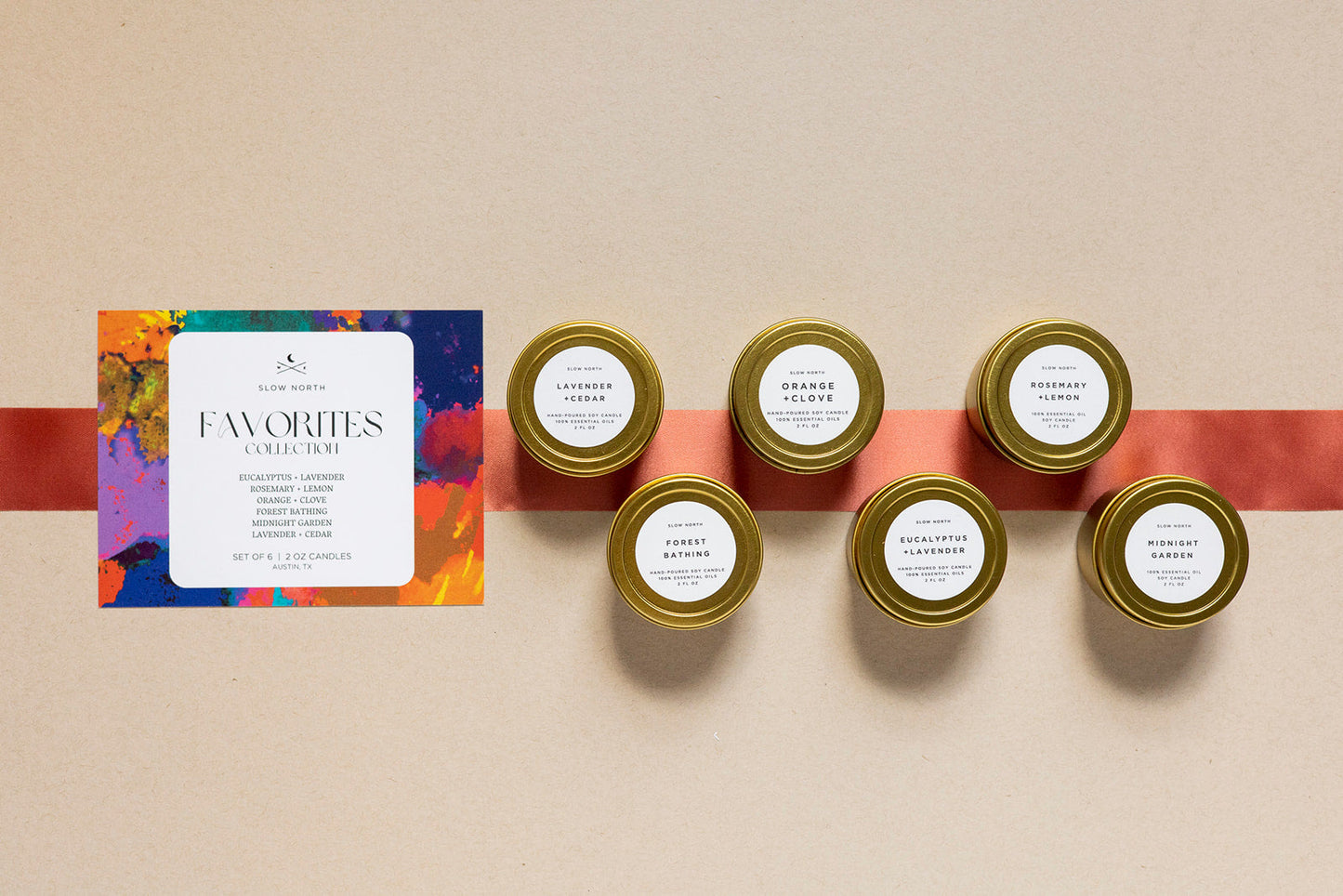 Six-pack of DC-Slow North Favorites Collection featuring stylish and colorful handcrafted items arranged in a visually appealing display.