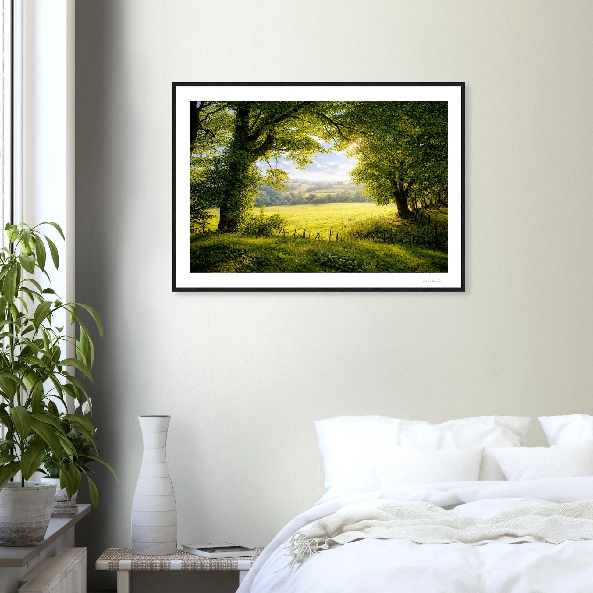 Framed landscape print of a green field with trees on a wall above a bed.