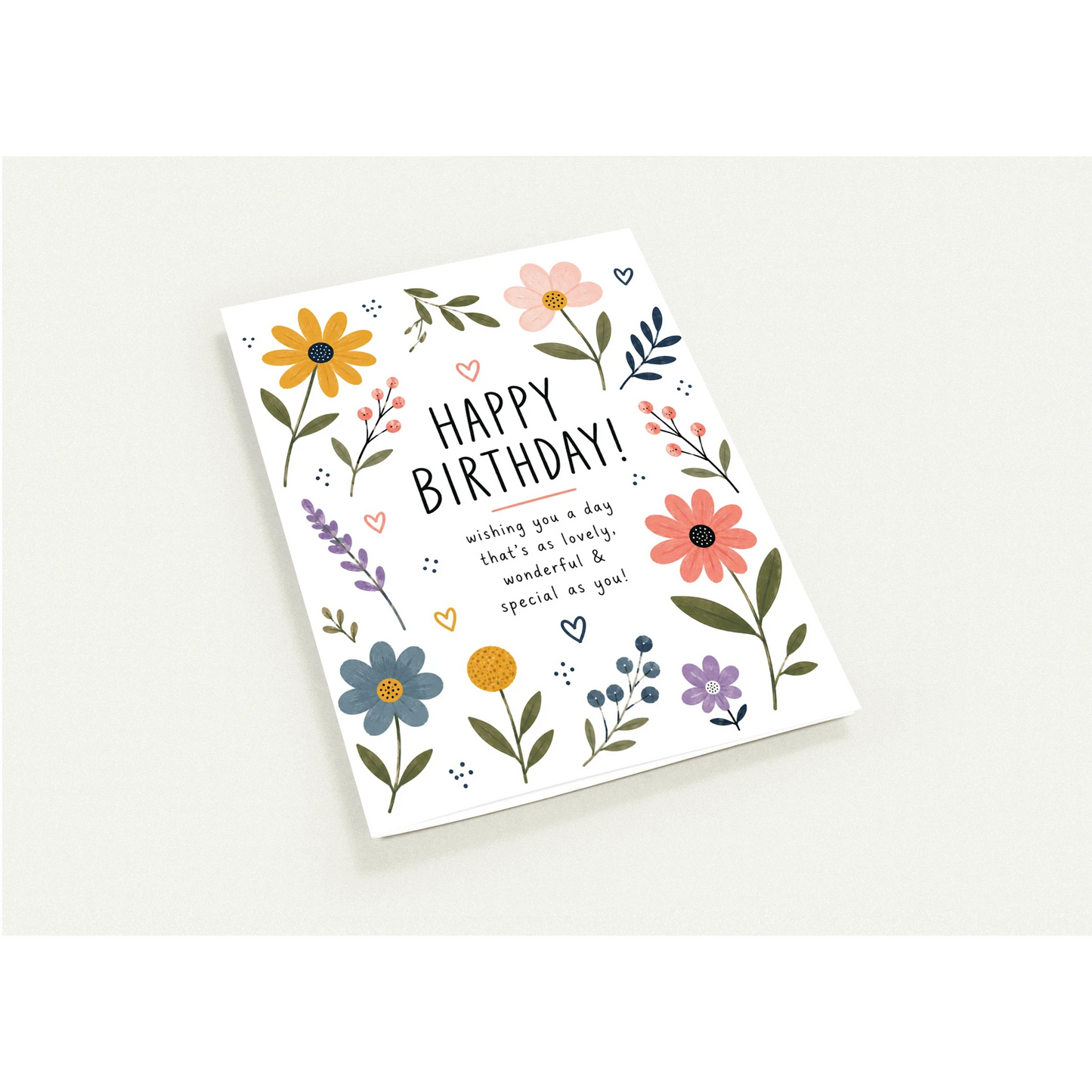 Birthday card with floral designs and 'Happy Birthday!' text on a white background