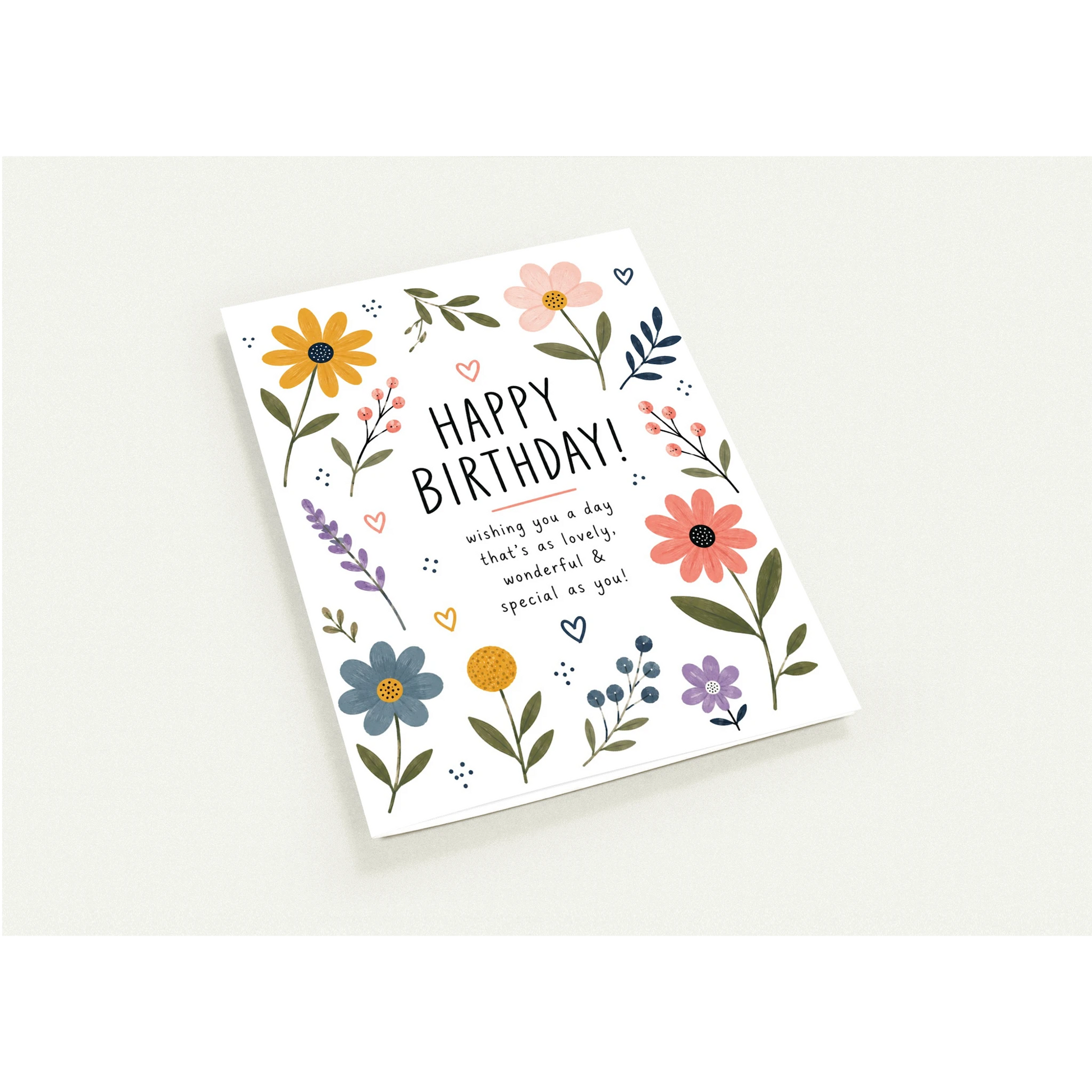 Birthday card with floral designs and 'Happy Birthday!' text on a white background