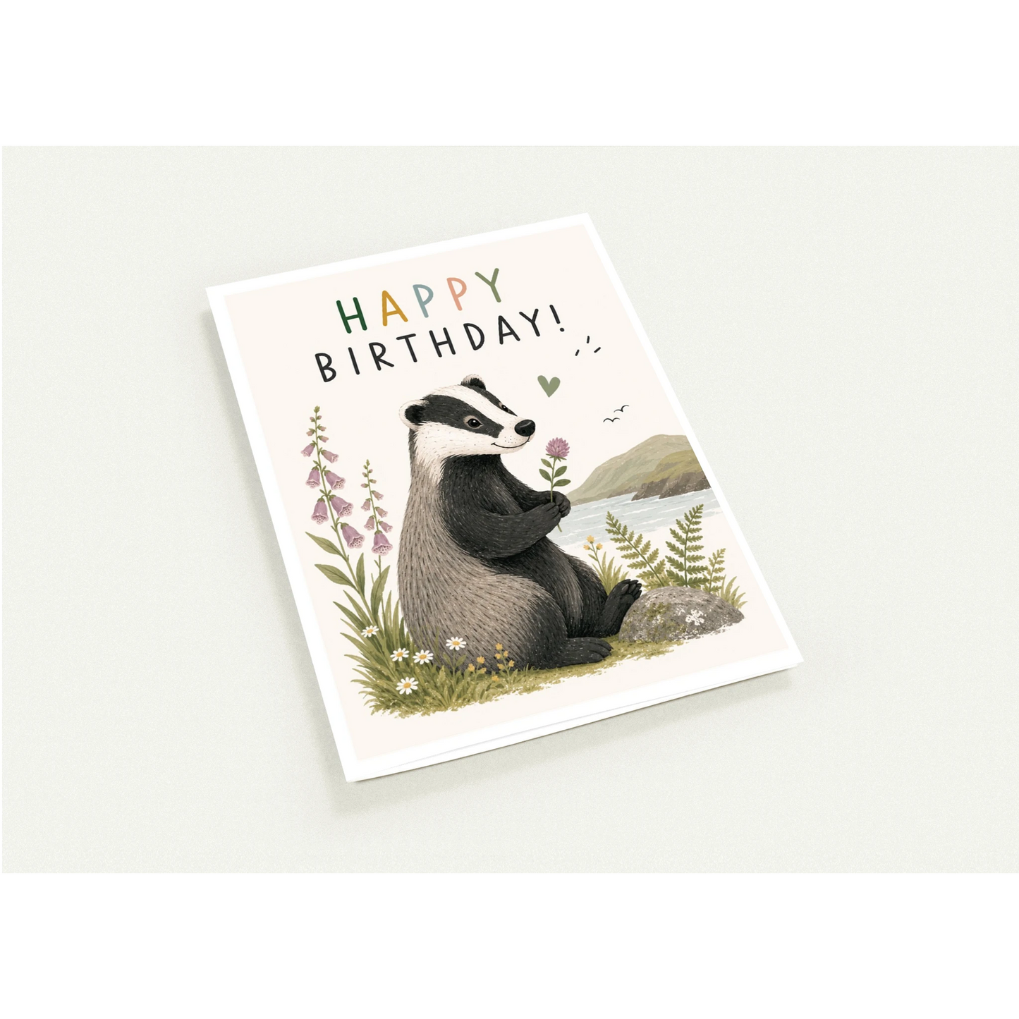Birthday card with a badger illustration and 'Happy Birthday!' text on a white background