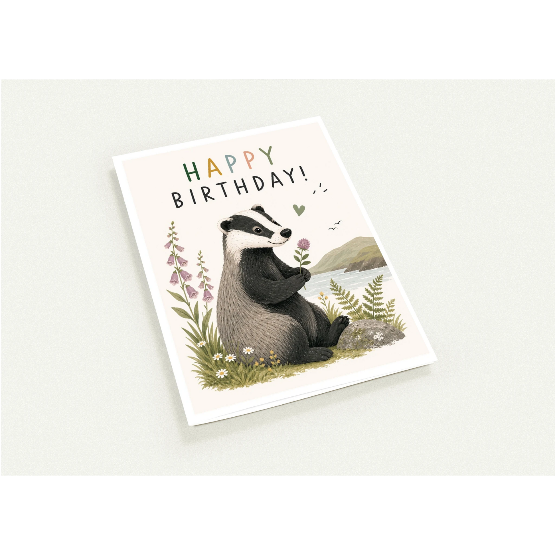 Birthday card with a badger illustration and 'Happy Birthday!' text on a white background
