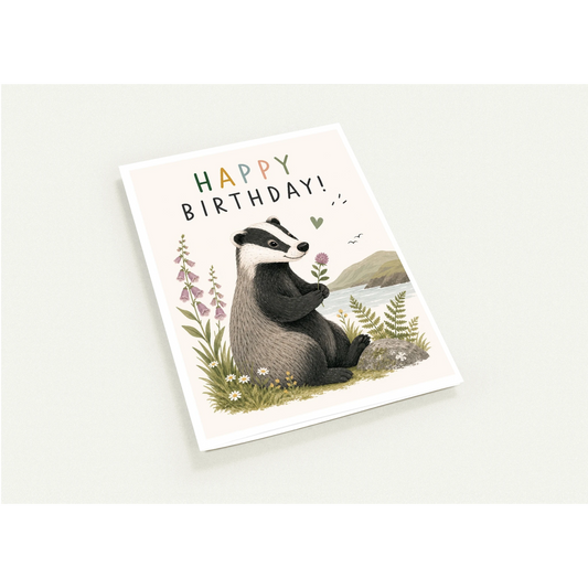 Birthday card with a badger illustration and 'Happy Birthday!' text on a white background
