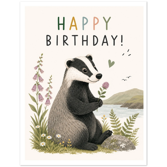Birthday card with a badger illustration and 'Happy Birthday!' text.
