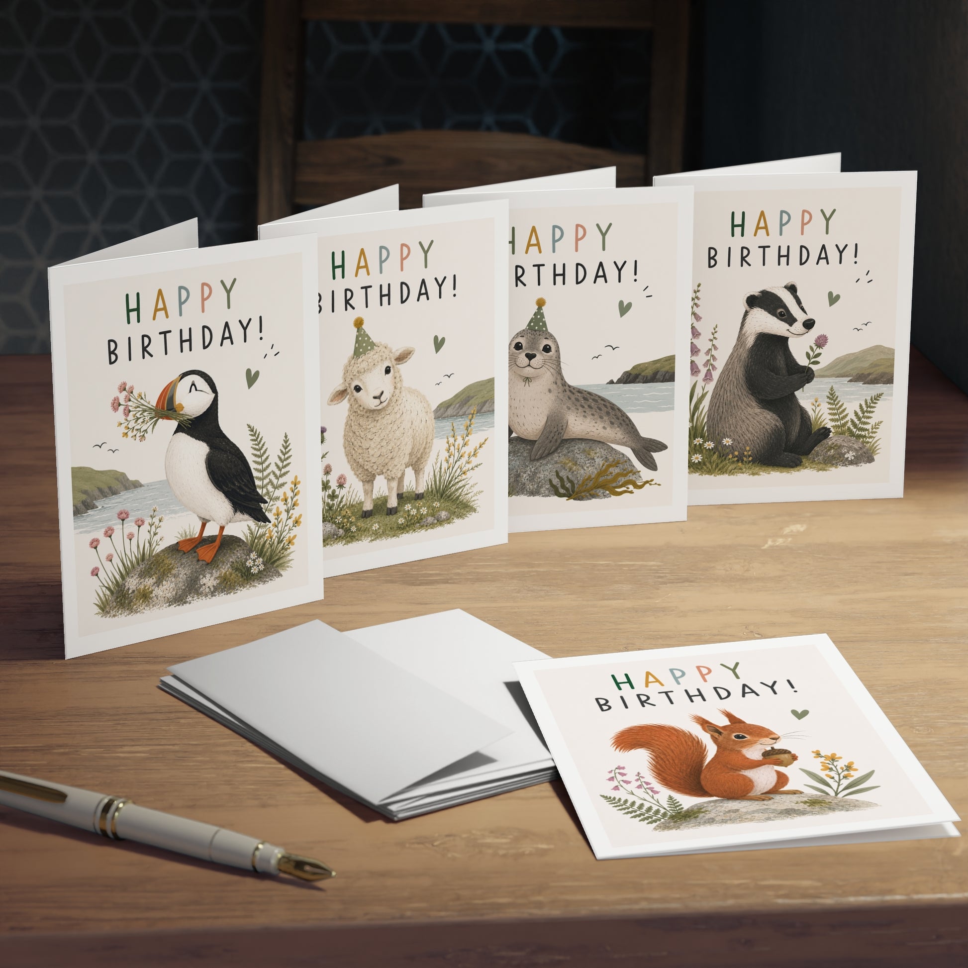 Set of birthday cards with animal illustrations on a wooden surface.