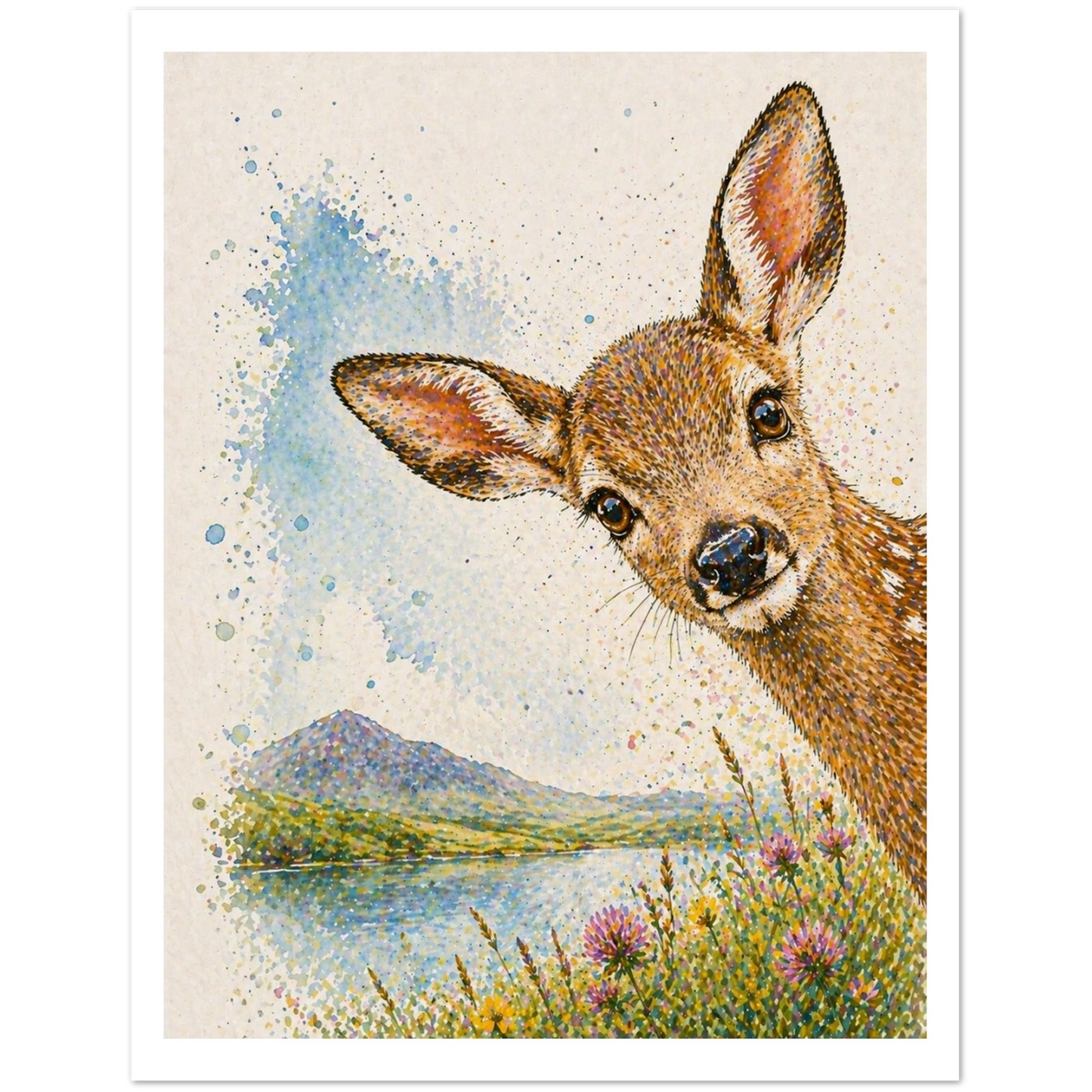 Painting of a deer peeking over a landscape with mountains and water.