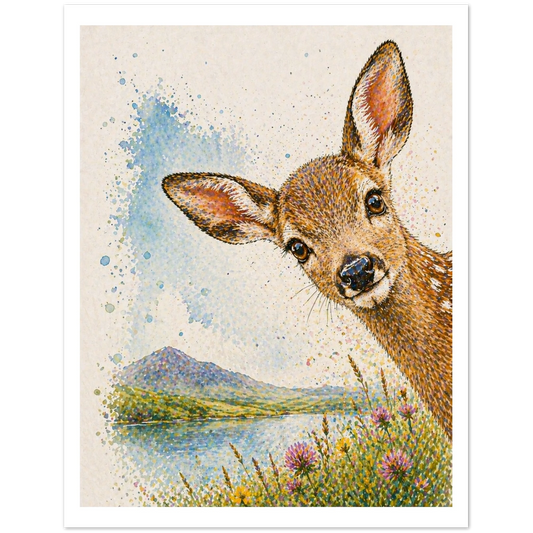 Painting of a deer peeking over a landscape with mountains and water.