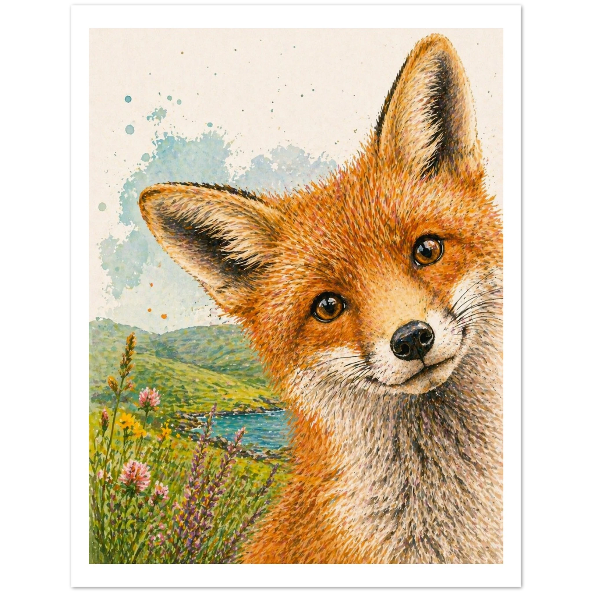 Illustration of a fox with a scenic background