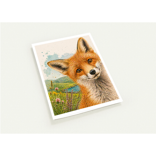 Card with a fox illustration on a scenic background