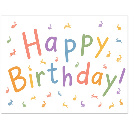 Colorful 'Happy Birthday!' text with small bunny illustrations on a white background