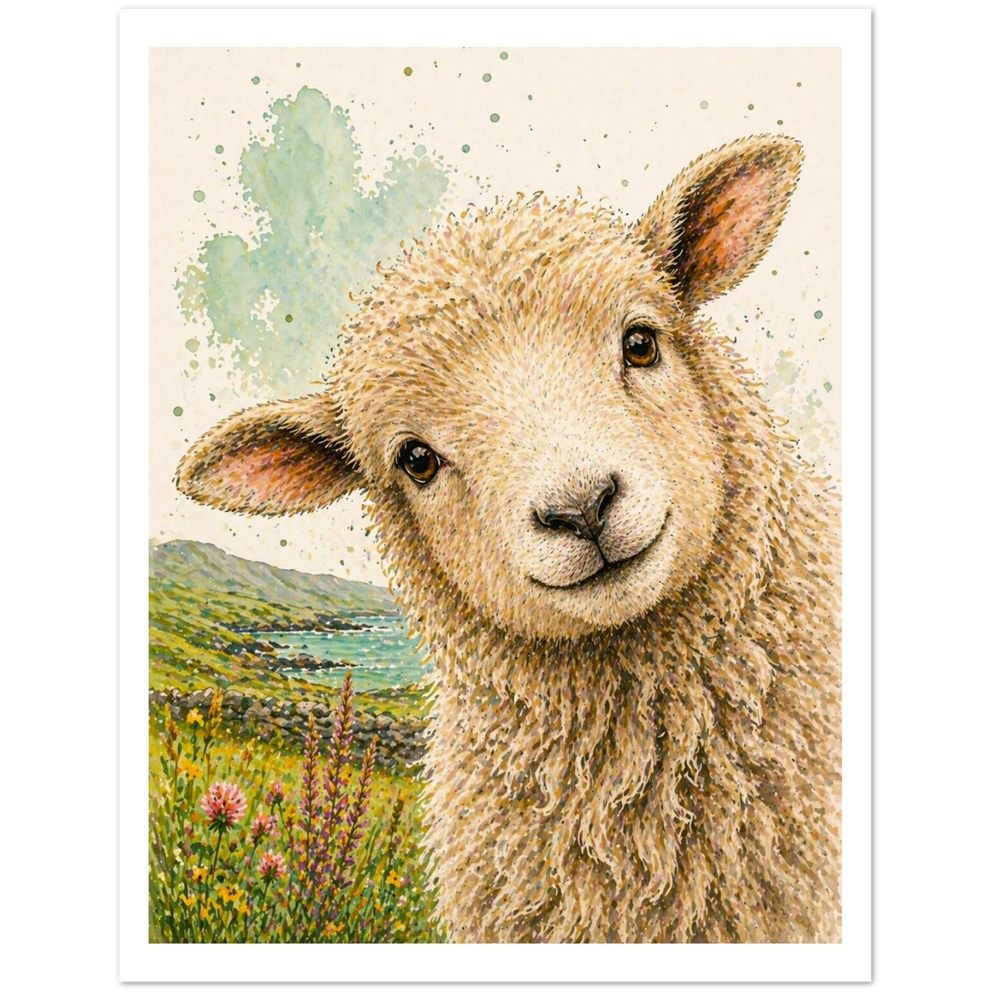 Illustration of a lamb with a scenic background