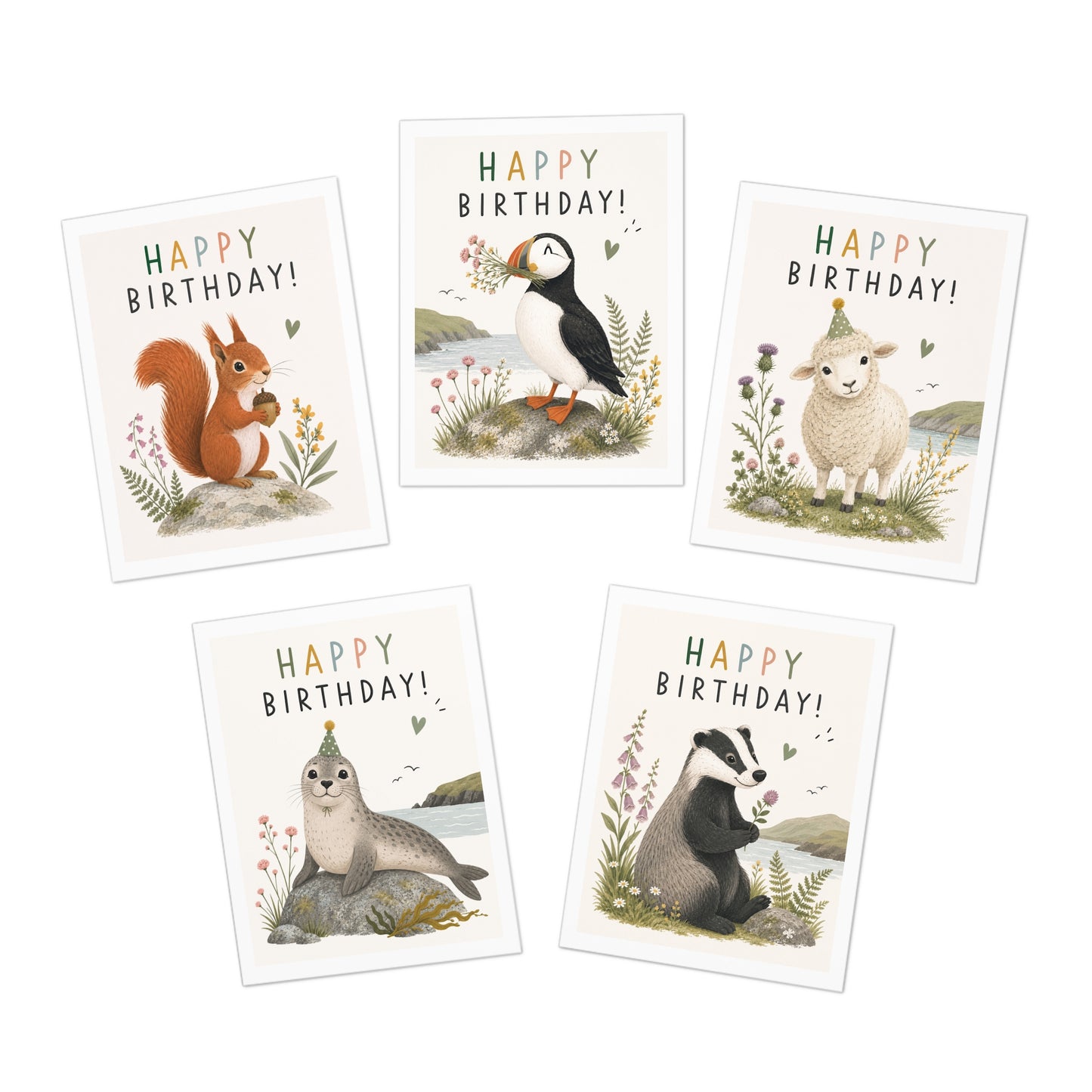 Set of five birthday cards with animal illustrations on a white background