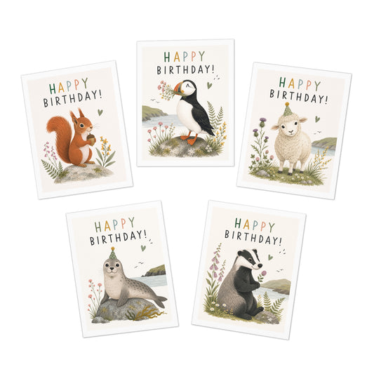 Set of five birthday cards with animal illustrations on a white background