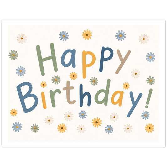 Colorful 'Happy Birthday!' text with flowers on a white background