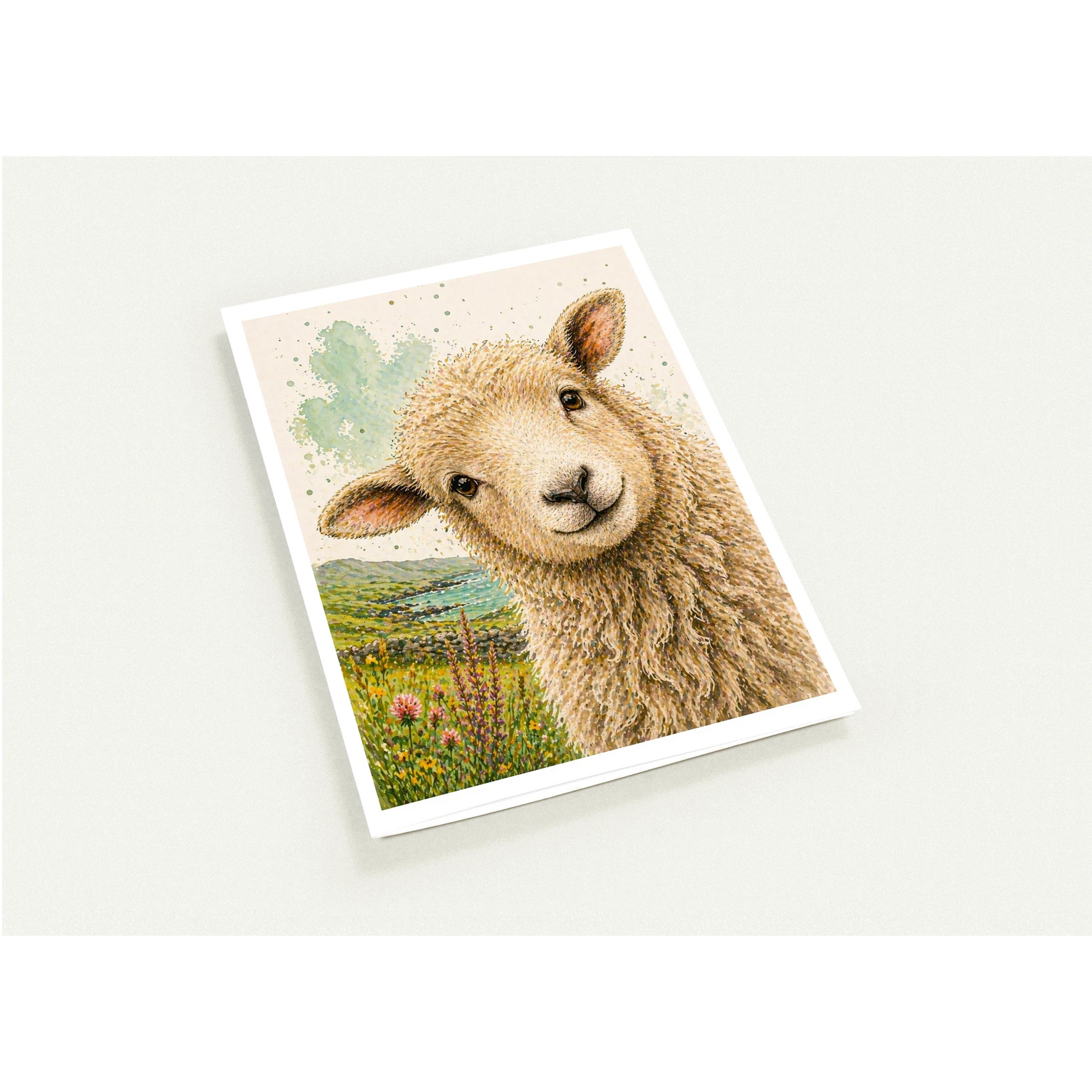 Card with a drawing of a lamb on a white background